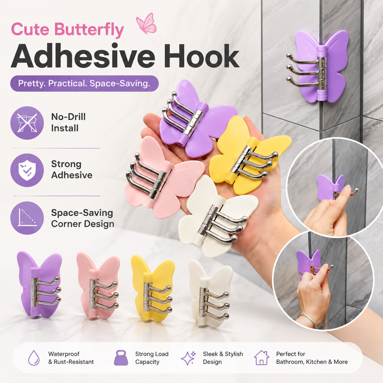 Butterfly Adhesive Multi-Hook Organizer – No-Drill Space-Saving Storage Hook