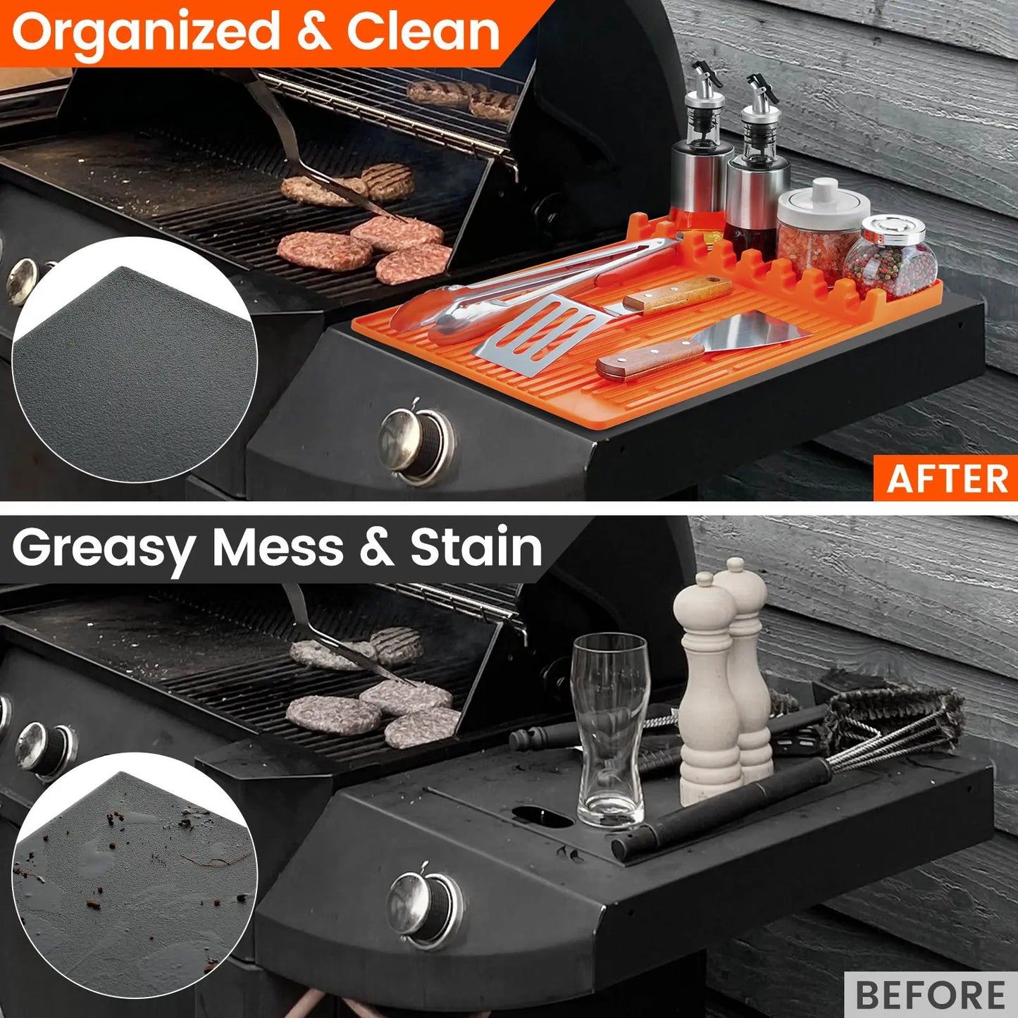 Silicone Grill Side Shelf Mat, Non-Slip Heat-Resistant BBQ Tool Holder for Spatulas, Tongs & Sauces, Oil-Proof Griddle Accessories for Summer BBQ & Outdoor Cooking