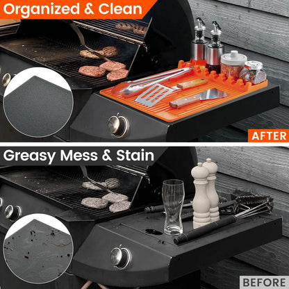 Silicone Grill Side Shelf Mat, Non-Slip Heat-Resistant BBQ Tool Holder for Spatulas, Tongs & Sauces, Oil-Proof Griddle Accessories for Summer BBQ & Outdoor Cooking