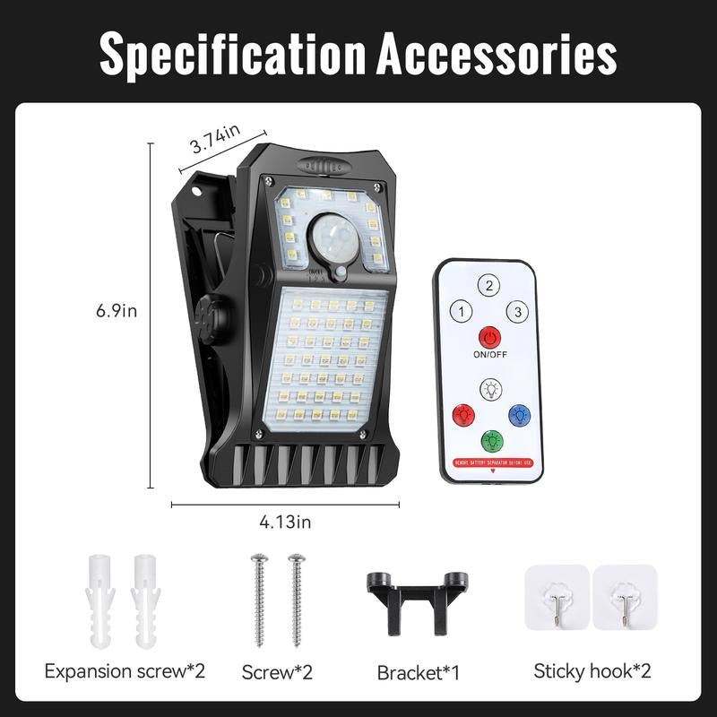 Solar Clip Lights with Motion Sensor,IP65 Waterproof Wireless Security Lighting for Yard, 4-Color Adjustable Outdoor Solar Flashlight with Remote Durable High Lumens