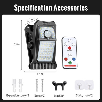 Solar Clip Lights with Motion Sensor,IP65 Waterproof Wireless Security Lighting for Yard, 4-Color Adjustable Outdoor Solar Flashlight with Remote Durable High Lumens