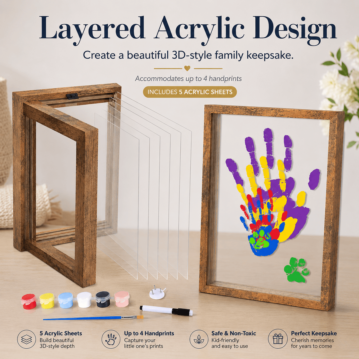 Family Handprint Keepsake Frame Kit – Washable Paint & Acrylic Display Shadow Box