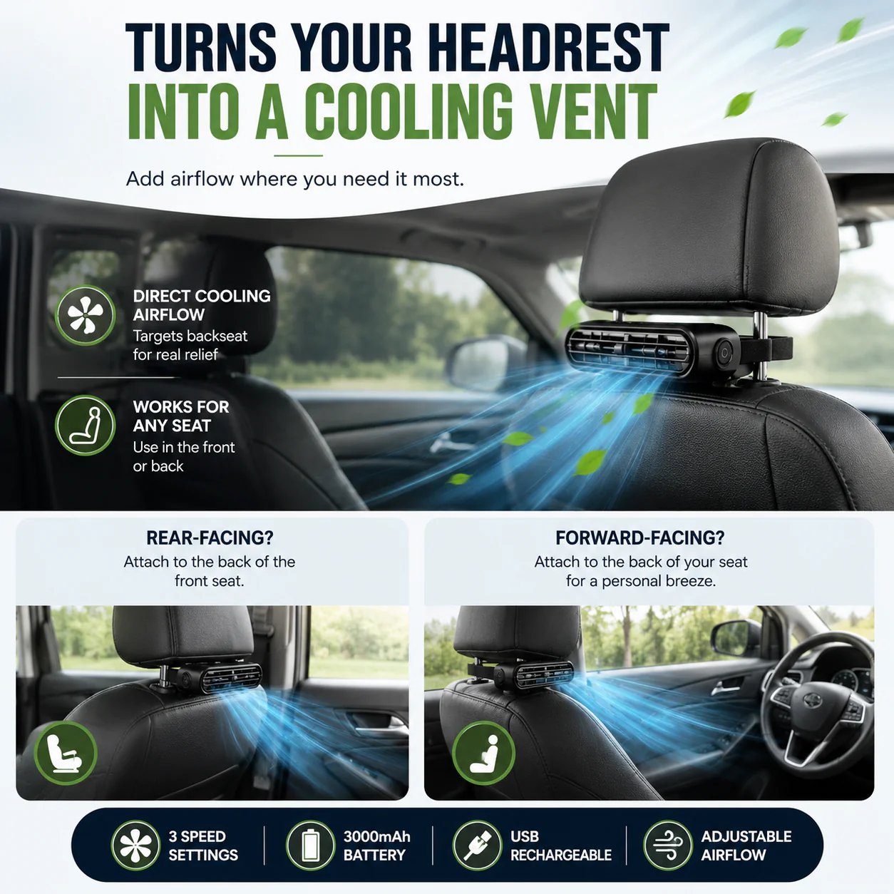 Portable Car Seat Cooling Fan, 9000RPM Fast Cooling