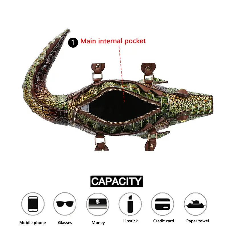 3D Crocodile-Shaped Statement Handbag with Detachable Shoulder Strap