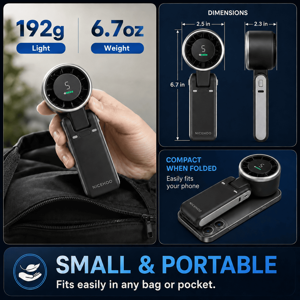 Portable Handheld Turbo Fan | 5-Speed Personal Cooling with HD Displa