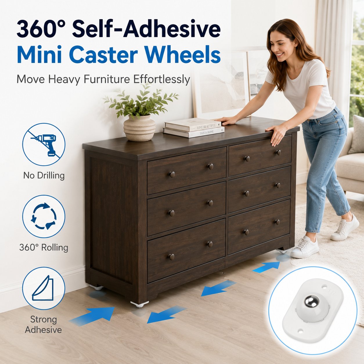 360° Self-Adhesive Mini Caster Wheels – Peel & Stick Multi-Directional Rollers for Furniture, Storage Bins & Home Organizers