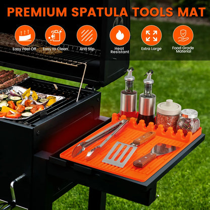 Silicone Grill Side Shelf Mat, Non-Slip Heat-Resistant BBQ Tool Holder for Spatulas, Tongs & Sauces, Oil-Proof Griddle Accessories for Summer BBQ & Outdoor Cooking