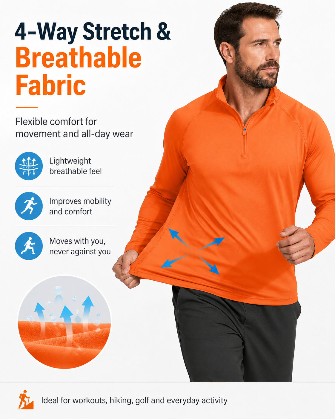 Men’s UPF 50+ Quarter-Zip Quick-Dry Long Sleeve Performance Shirt for Outdoor Sports