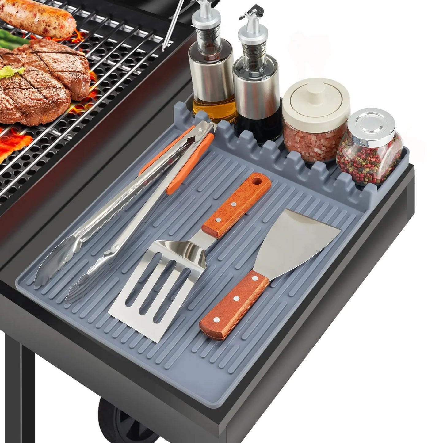 Silicone Grill Side Shelf Mat, Non-Slip Heat-Resistant BBQ Tool Holder for Spatulas, Tongs & Sauces, Oil-Proof Griddle Accessories for Summer BBQ & Outdoor Cooking
