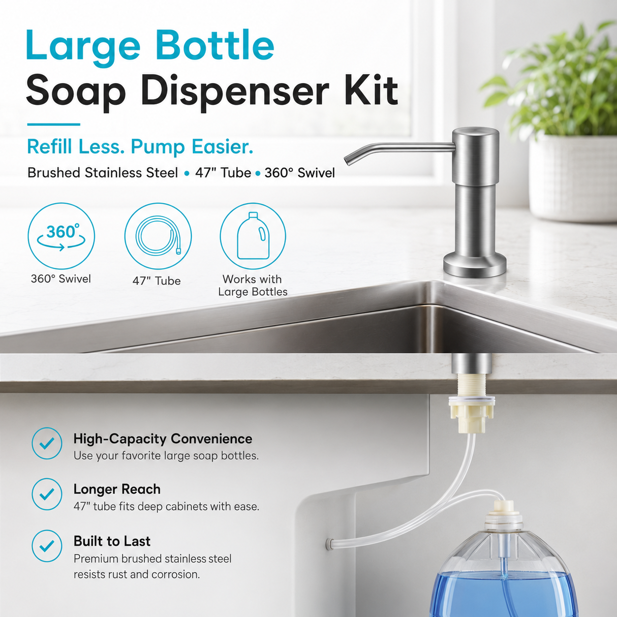 Large Bottle Sink Soap Dispenser Kit – 360° Swivel Stainless Steel Pump with 47-Inch Extension Tube