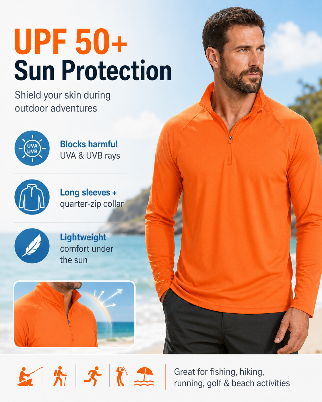 Men’s UPF 50+ Quarter-Zip Quick-Dry Long Sleeve Performance Shirt for Outdoor Sports
