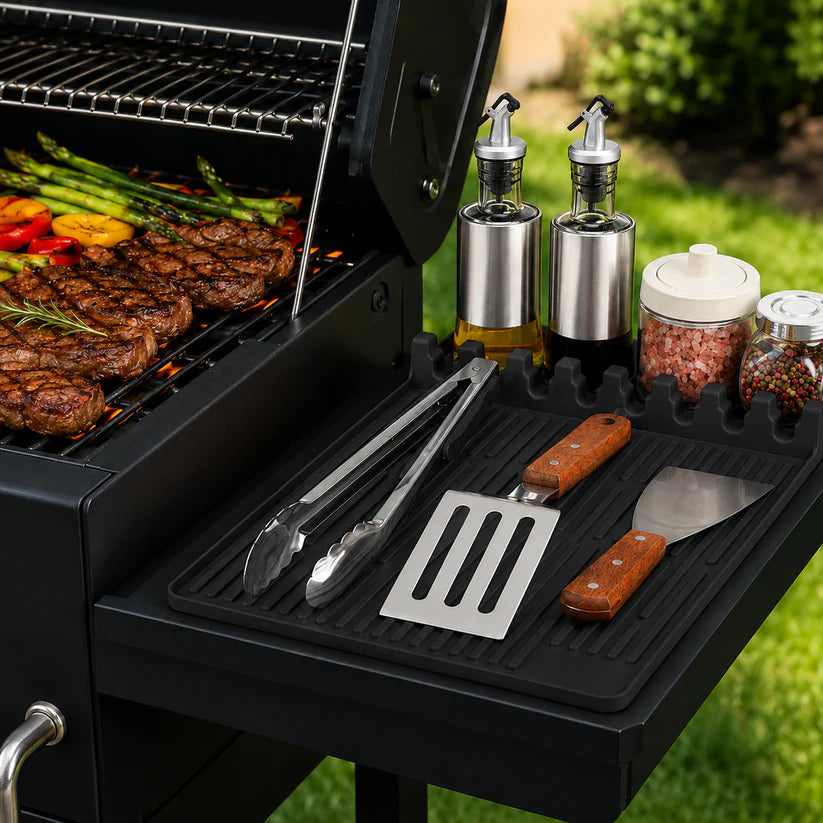 Silicone Grill Side Shelf Mat, Non-Slip Heat-Resistant BBQ Tool Holder for Spatulas, Tongs & Sauces, Oil-Proof Griddle Accessories for Summer BBQ & Outdoor Cooking