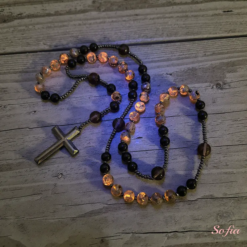 Natural ObsidianYooperliteRosaryNecklace, UVReactiveEnergyProtection HealingCrystal