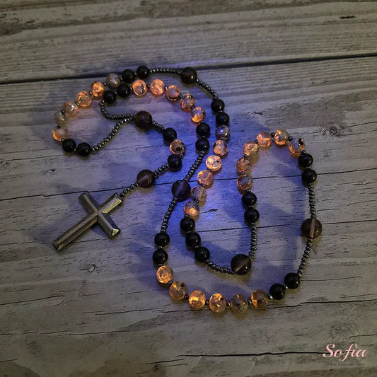 Natural ObsidianYooperliteRosaryNecklace, UVReactiveEnergyProtection HealingCrystal