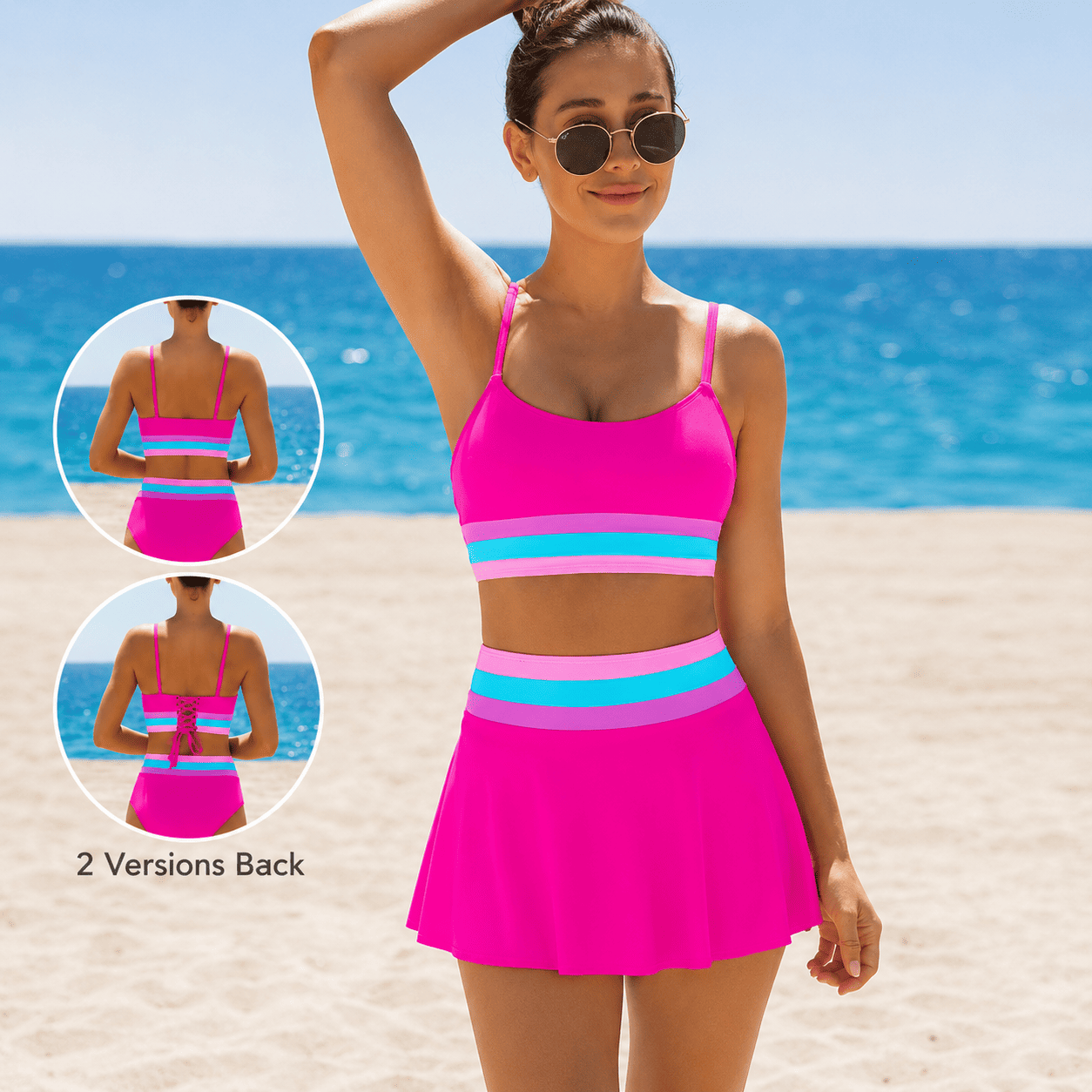 【Runs Half a Size Small】Popvil 3 Piece Neon Sporty Bikini Set, High Waisted Tummy Control Swimsuit with Adjustable Shoulder Straps & Matching Skirt