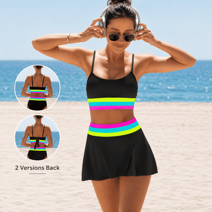 【Runs Half a Size Small】Popvil 3 Piece Neon Sporty Bikini Set, High Waisted Tummy Control Swimsuit with Adjustable Shoulder Straps & Matching Skirt