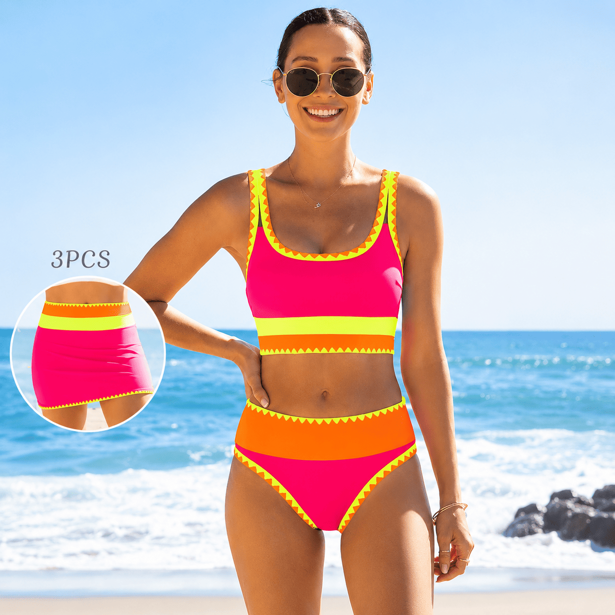 【Runs Half a Size Small】Popvil 3 Piece Neon Sporty Bikini Set, High Waisted Tummy Control Swimsuit with Adjustable Shoulder Straps & Matching Skirt