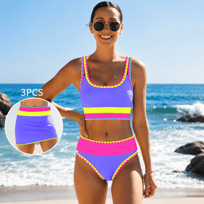 【Runs Half a Size Small】Popvil 3 Piece Neon Sporty Bikini Set, High Waisted Tummy Control Swimsuit with Adjustable Shoulder Straps & Matching Skirt