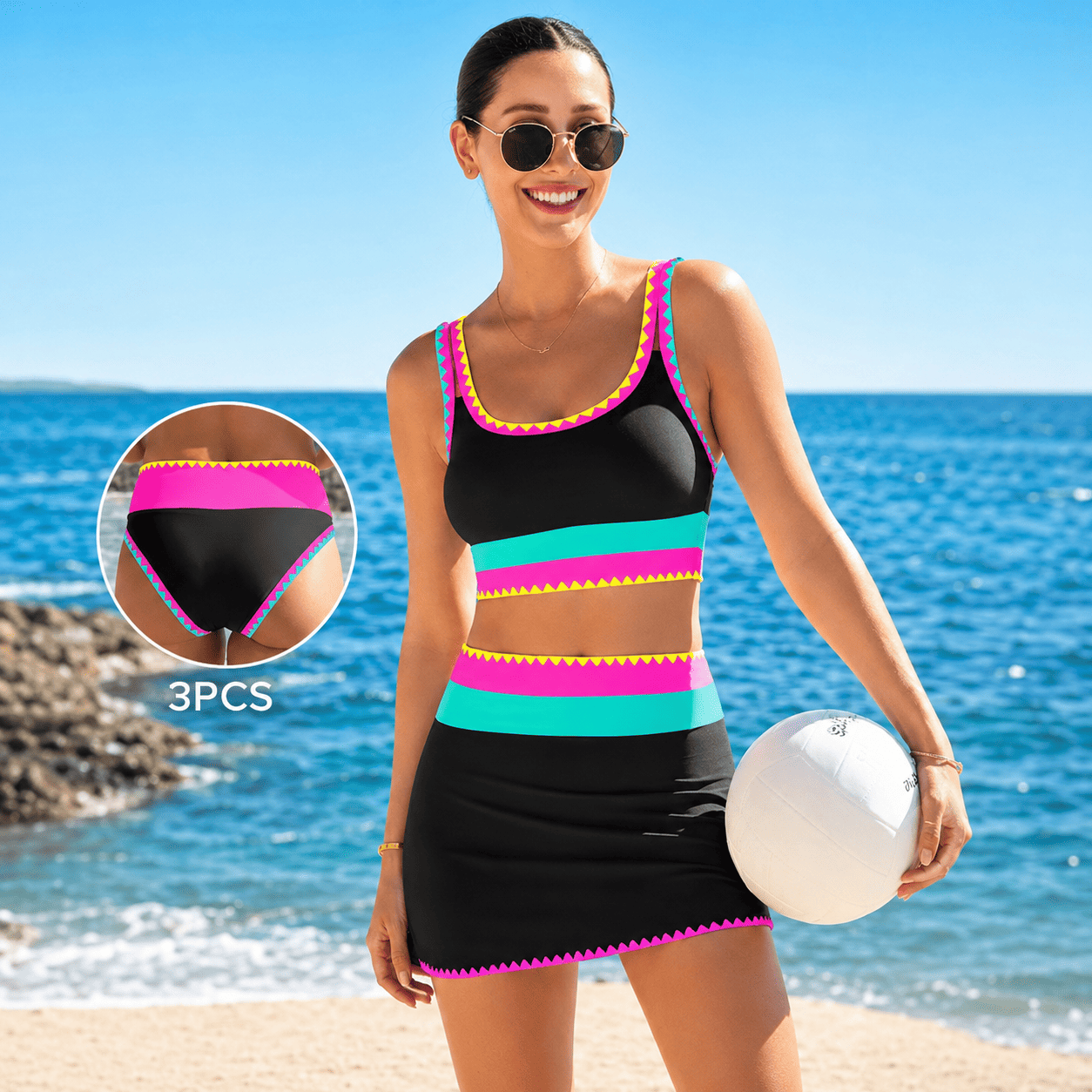 【Runs Half a Size Small】Popvil 3 Piece Neon Sporty Bikini Set, High Waisted Tummy Control Swimsuit with Adjustable Shoulder Straps & Matching Skirt
