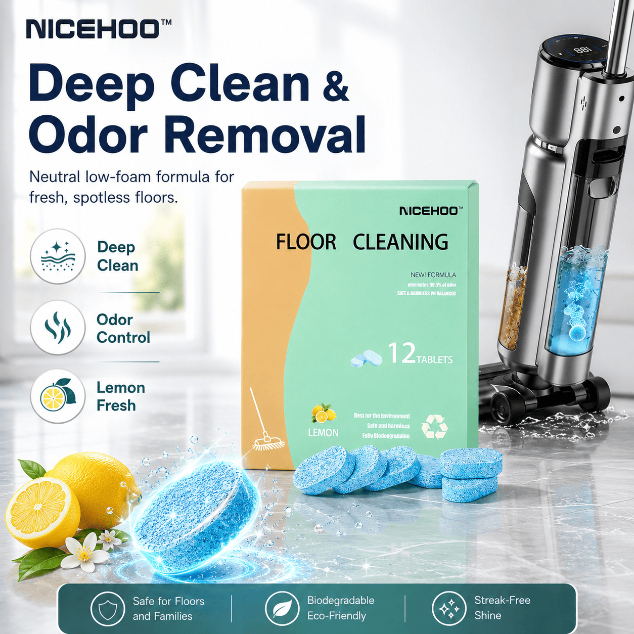 Floor Cleaning Tablets - Safe for Wood Tile Marble Quick Dry No Residue 12 Tablets Lemon Scent