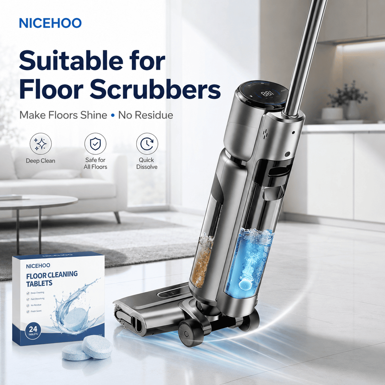Floor Cleaning Tablets - Safe for Wood Tile Marble Quick Dry No Residue 12 Tablets Lemon Scent