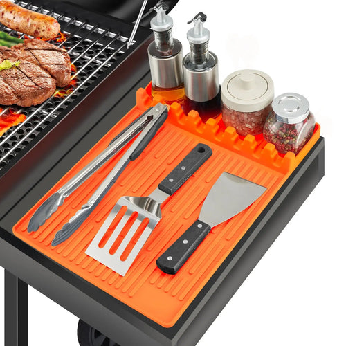 Silicone Grill Side Shelf Mat, Non-Slip Heat-Resistant BBQ Tool Holder for Spatulas, Tongs & Sauces, Oil-Proof Griddle Accessories for Summer BBQ & Outdoor Cooking