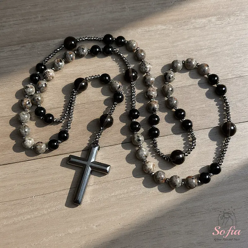 Natural ObsidianYooperliteRosaryNecklace, UVReactiveEnergyProtection HealingCrystal