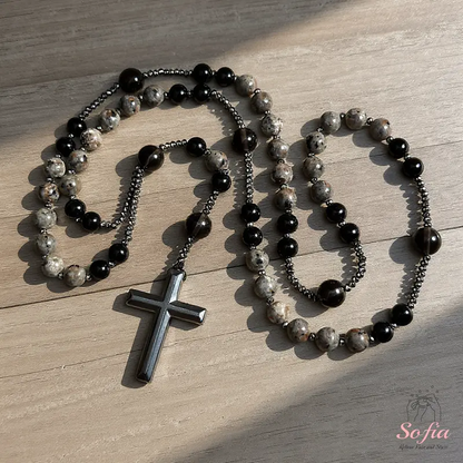 Natural ObsidianYooperliteRosaryNecklace, UVReactiveEnergyProtection HealingCrystal