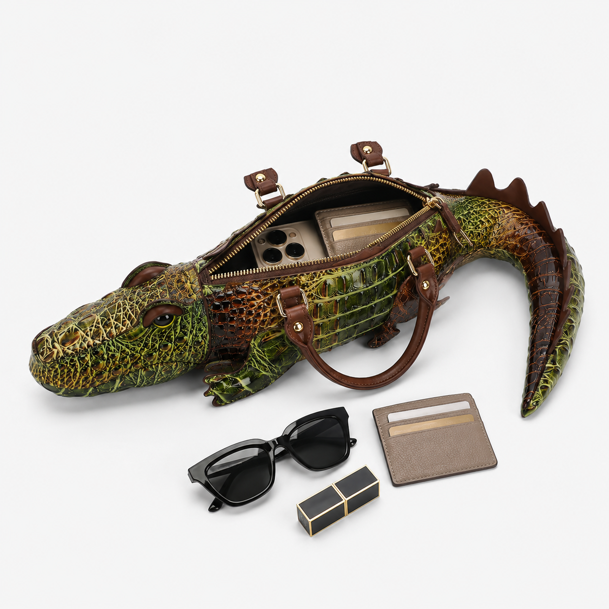 3D Crocodile-Shaped Statement Handbag with Detachable Shoulder Strap