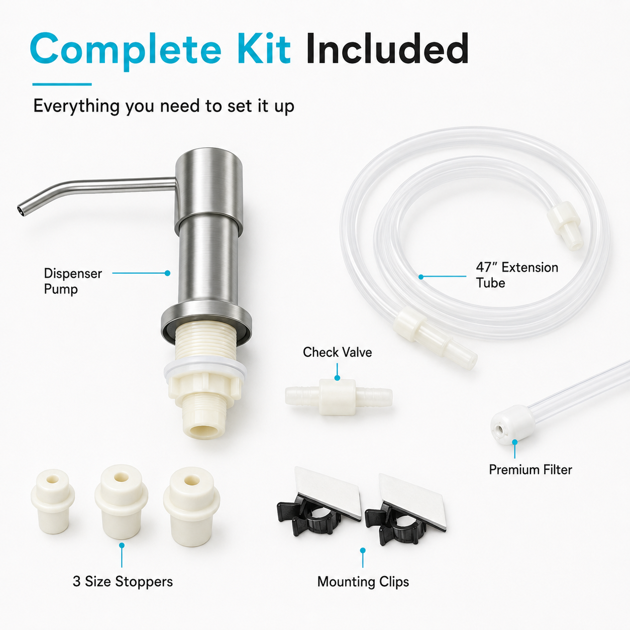 Large Bottle Sink Soap Dispenser Kit – 360° Swivel Stainless Steel Pump with 47-Inch Extension Tube