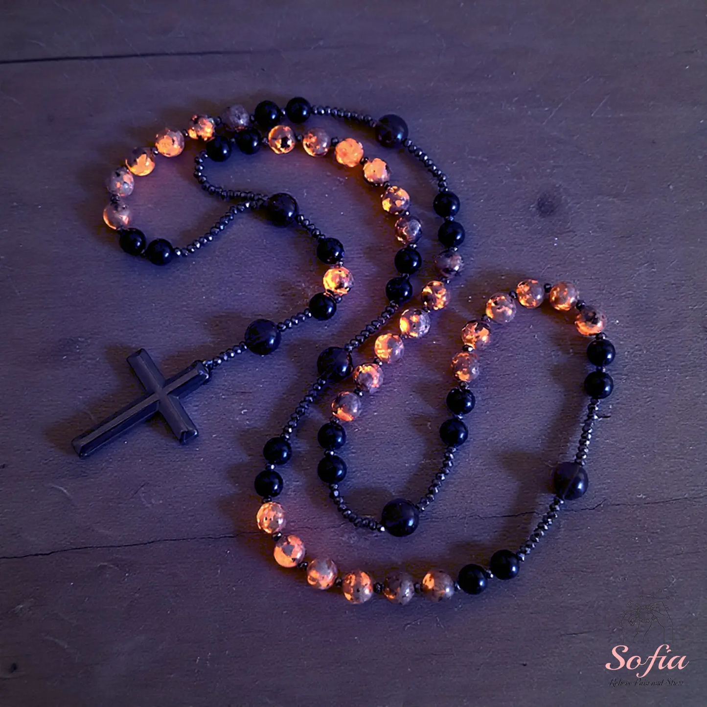 Natural ObsidianYooperliteRosaryNecklace, UVReactiveEnergyProtection HealingCrystal