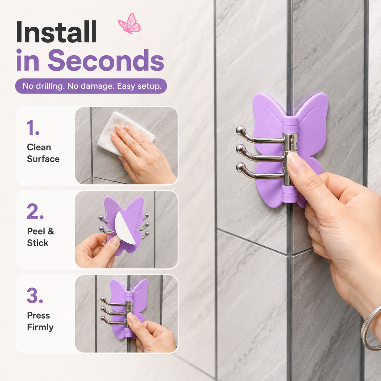 Butterfly Adhesive Multi-Hook Organizer – No-Drill Space-Saving Storage Hook