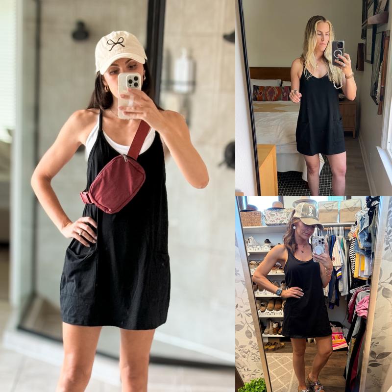 Women's Athletic Sleeveless Mini Dress with Built-in Shorts Summer V Neck Spaghetti Strap Short Spring Tennis Dress with Pockets
