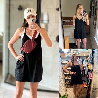 Women's Athletic Sleeveless Mini Dress with Built-in Shorts Summer V Neck Spaghetti Strap Short Spring Tennis Dress with Pockets